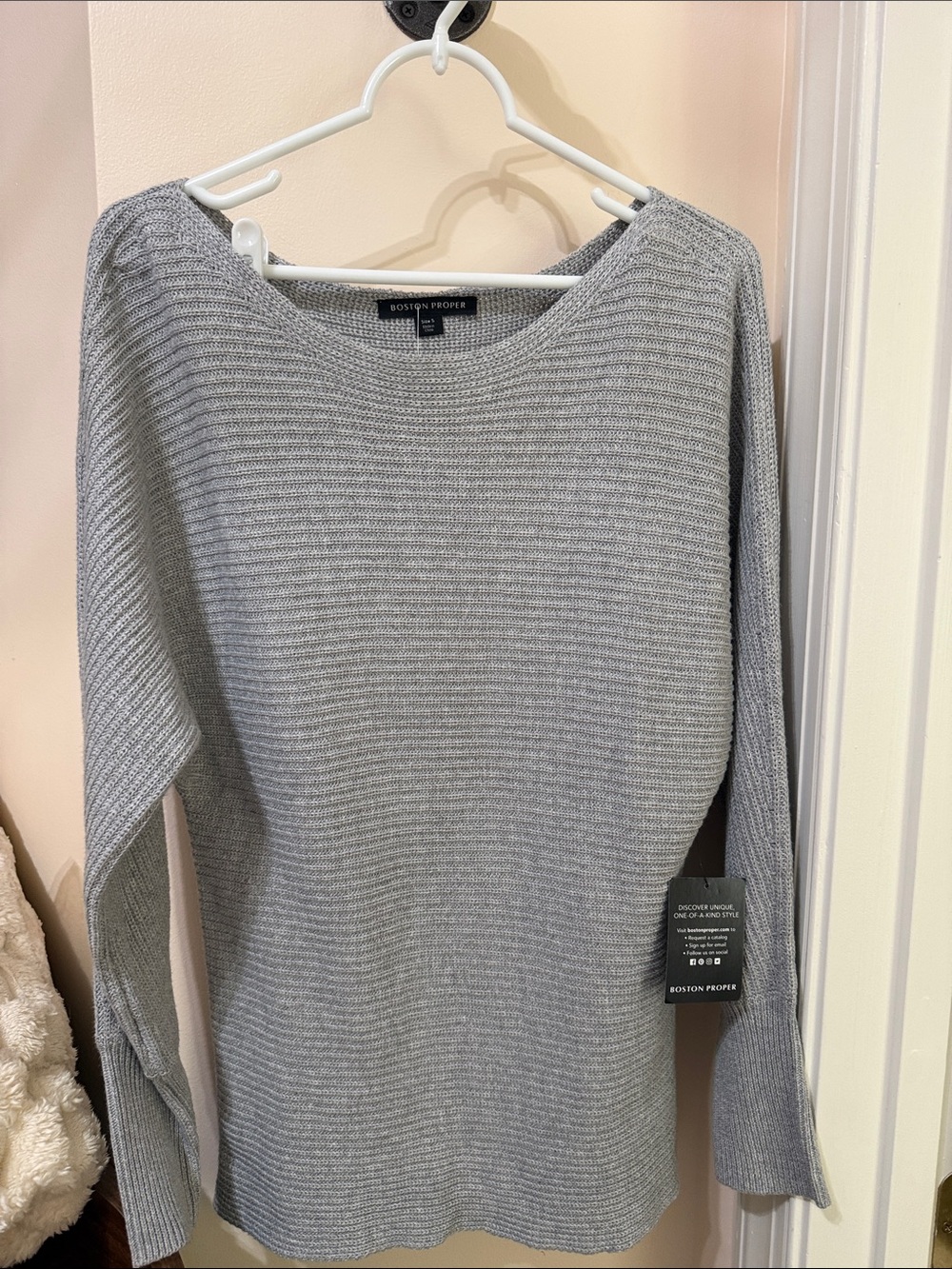 Boston Proper Gray Ribbed Boatneck Sweater